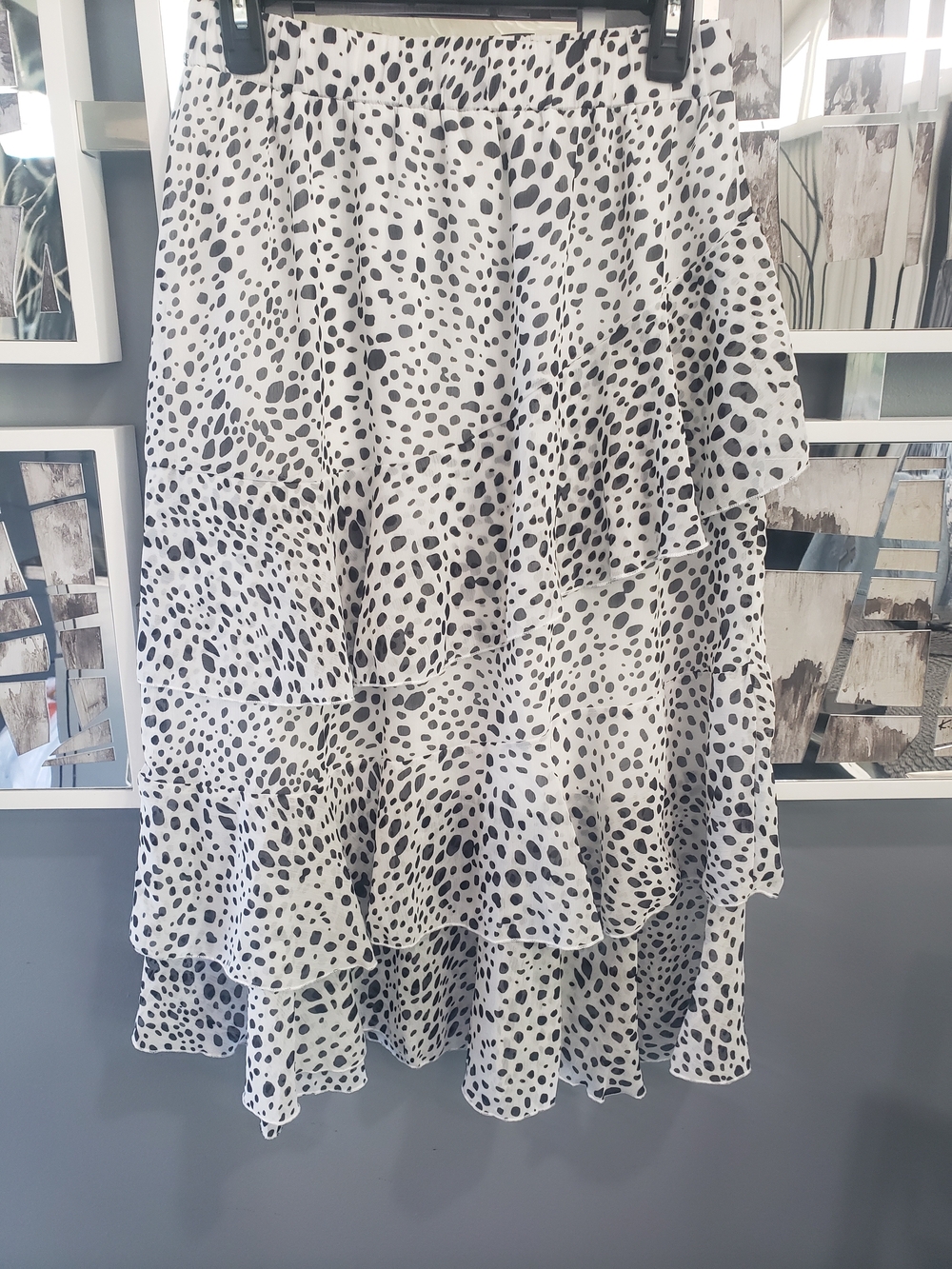 White and Black Polka Tiered Midi Skirt